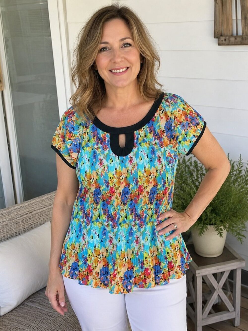 Essentials by Milano Top L Floral Micro Pleat Stretch Colorful Boho
